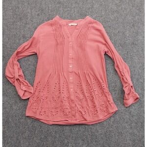 Soft Surroundings Top Women Medium Coral Pink‎ Eyelet Roll Tab Sleeve Tunic